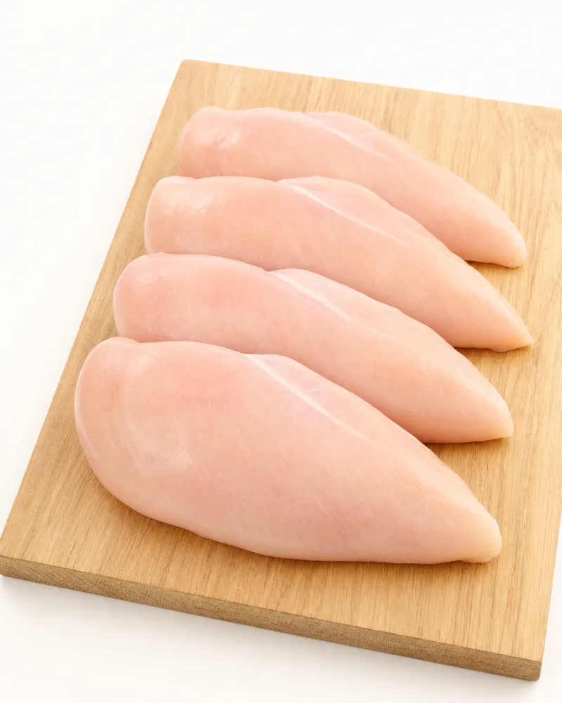 Quatro filés de peito de frango crus, lado a lado, sobre tábua de madeira clara