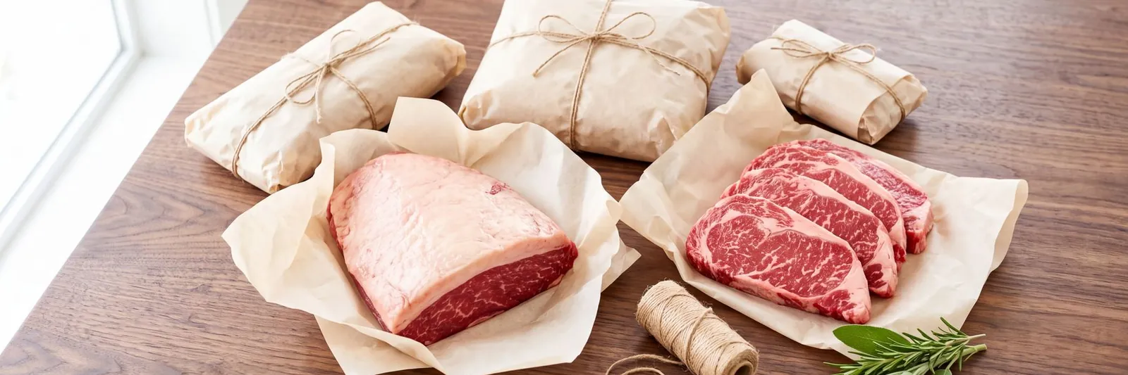 Bancada clara de açougue com uma peça de carne sendo fatiada e papel manteiga ao lado