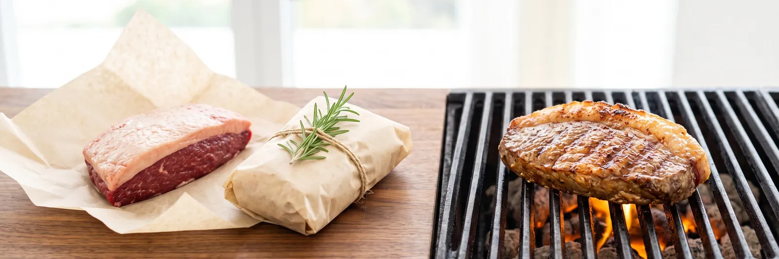 Peça de carne embrulhada em papel sobre a mesa e outra já dourando na grelha, sobre a brasa