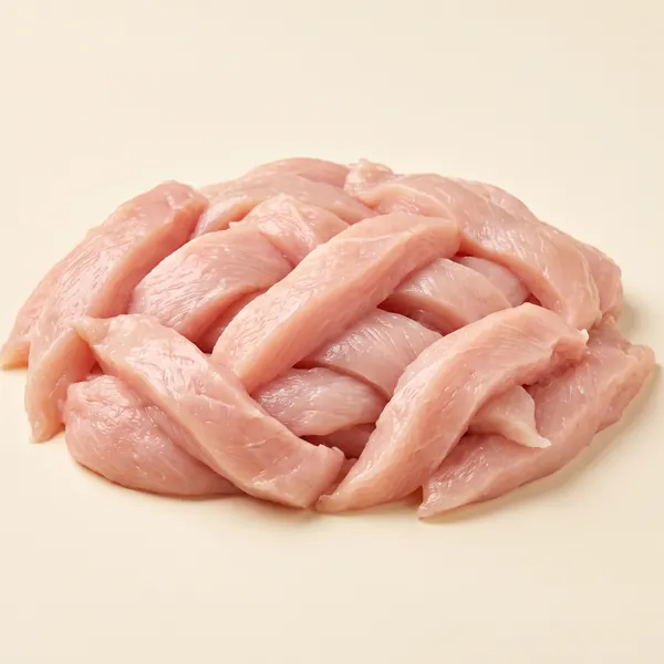 Iscas de peito de frango cruas, cortadas em tiras