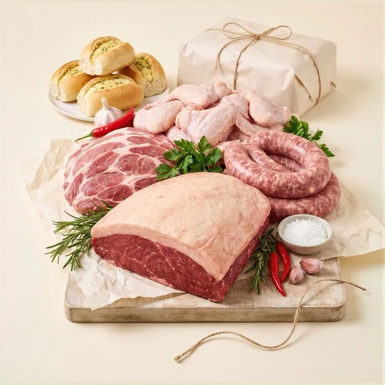 Kit Churrasco visto de cima: picanha, copa lombo suíno, asas de frango, linguiça em rolo e pão de alho sobre a bancada