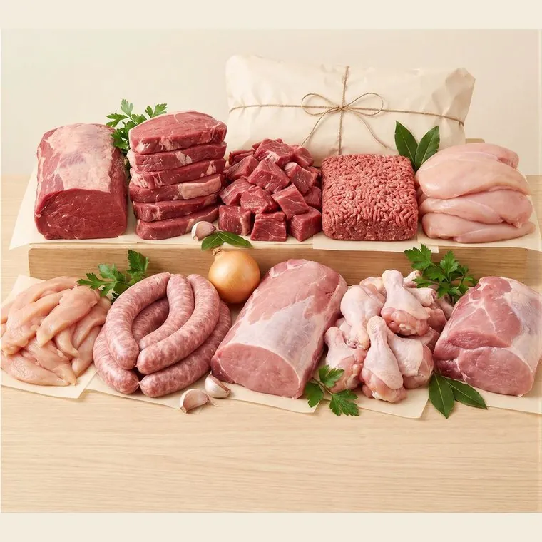 Kit Família visto de cima: alcatra, bifes de coxão mole, cubos de acém, carne moída, filés de peito, iscas de frango, coxinhas da asa, lombo, pernil e linguiça