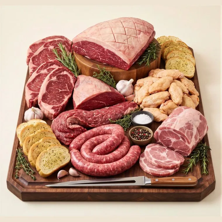 Kit Churrasco Premium montado sobre tábua de madeira: picanha, bifes de chorizo, maminha, fraldinha, copa lombo, asas de frango, linguiça e pão de alho