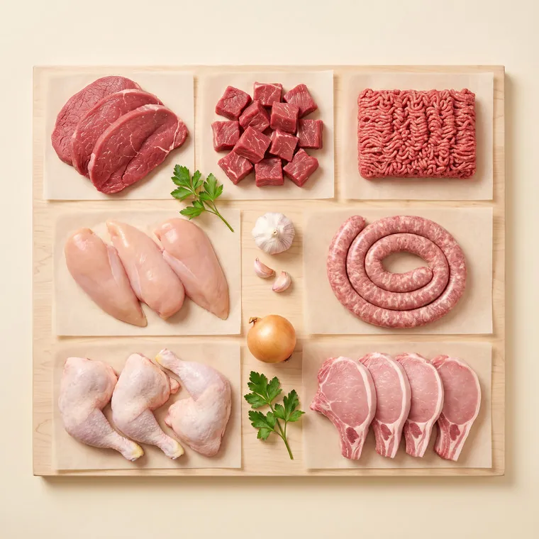 Kit Semana visto de cima: bifes de patinho, cubos de acém, carne moída, filés de peito de frango, coxas com sobrecoxa, bistecas suínas e linguiça em rolo